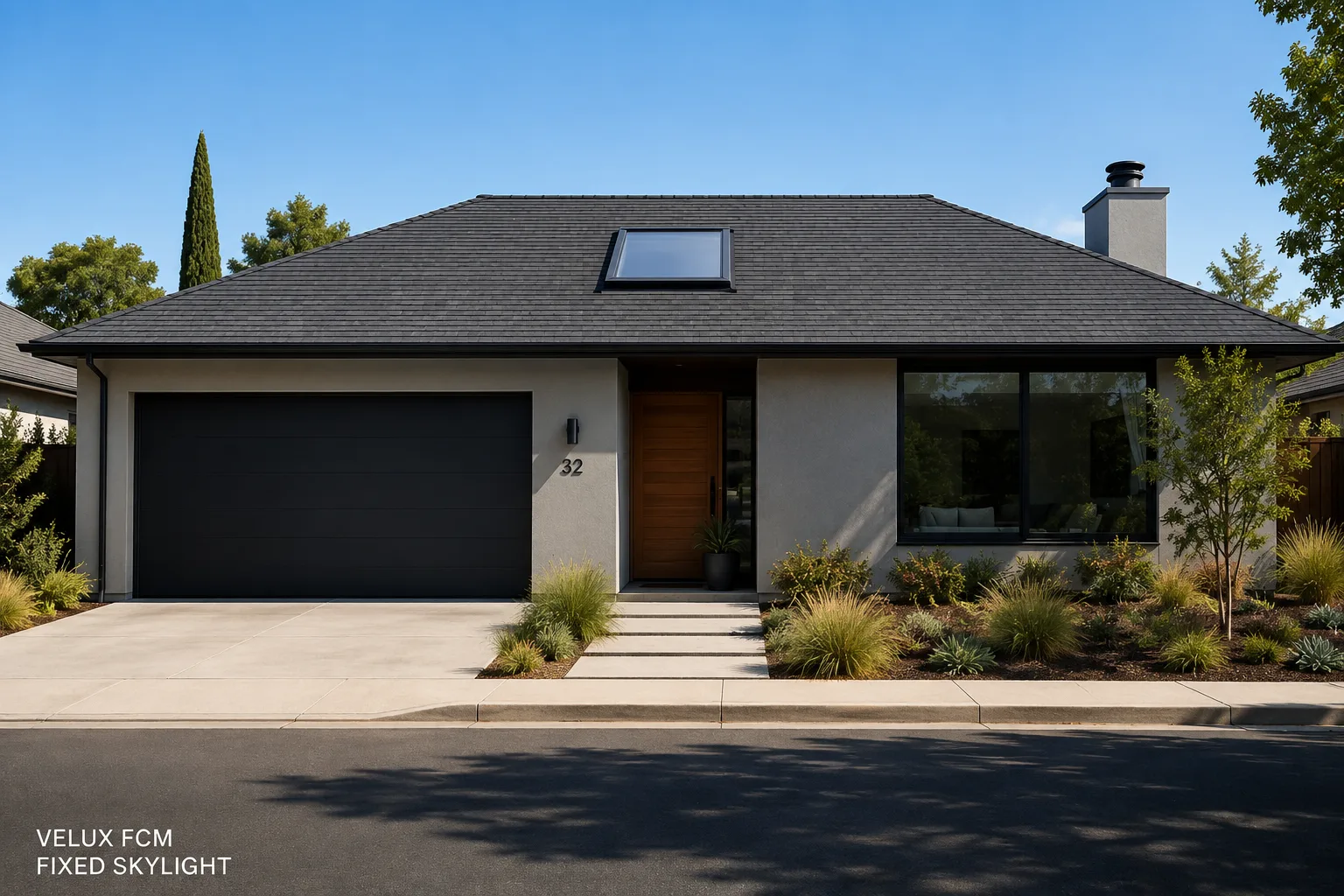VELUX FCM fixed curb-mounted skylight installation on a modern single-story Los Angeles home